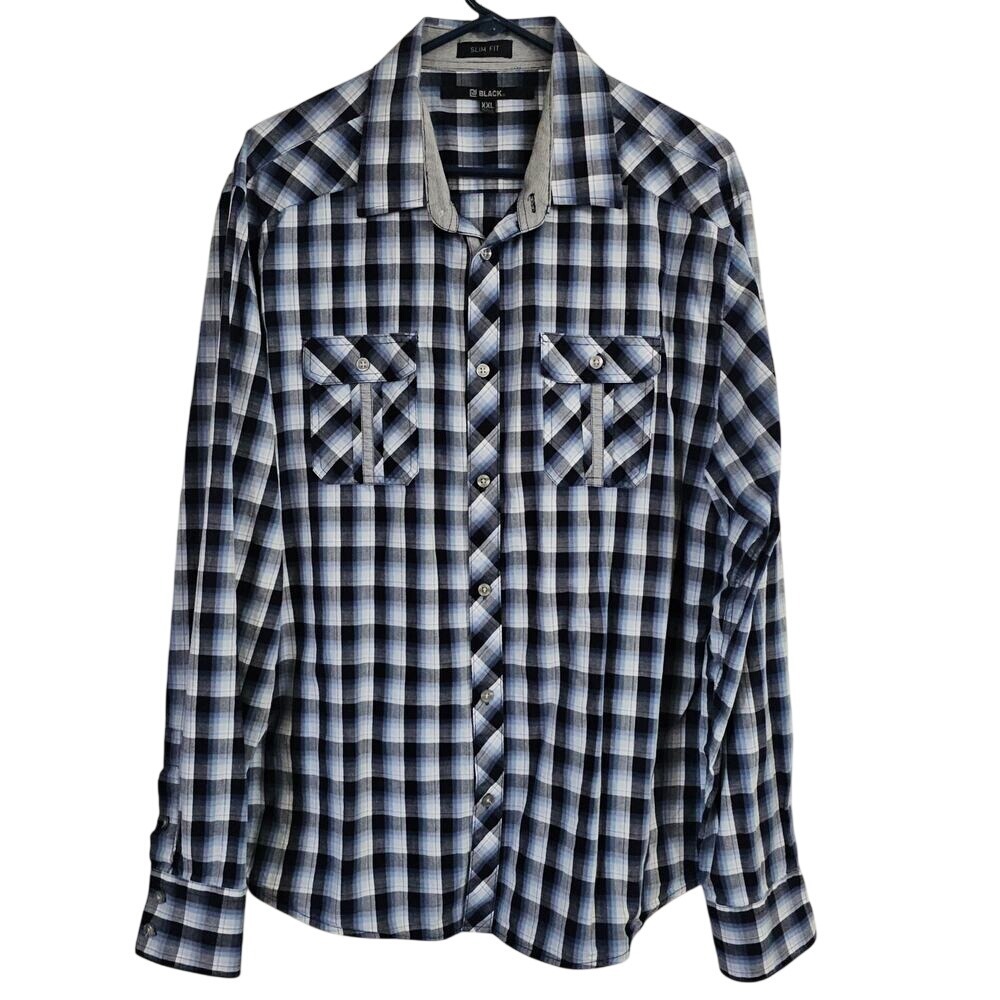 Black Mens Blue/Black Slim Fit Casual Button-Down Shirt XXL Plaid Business‎ Flaw